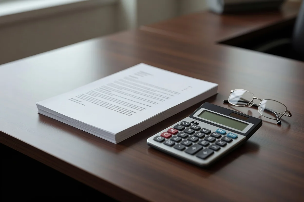 Mesa de escritório com documentos de contrato de trabalho, calculadora e óculos de leitura