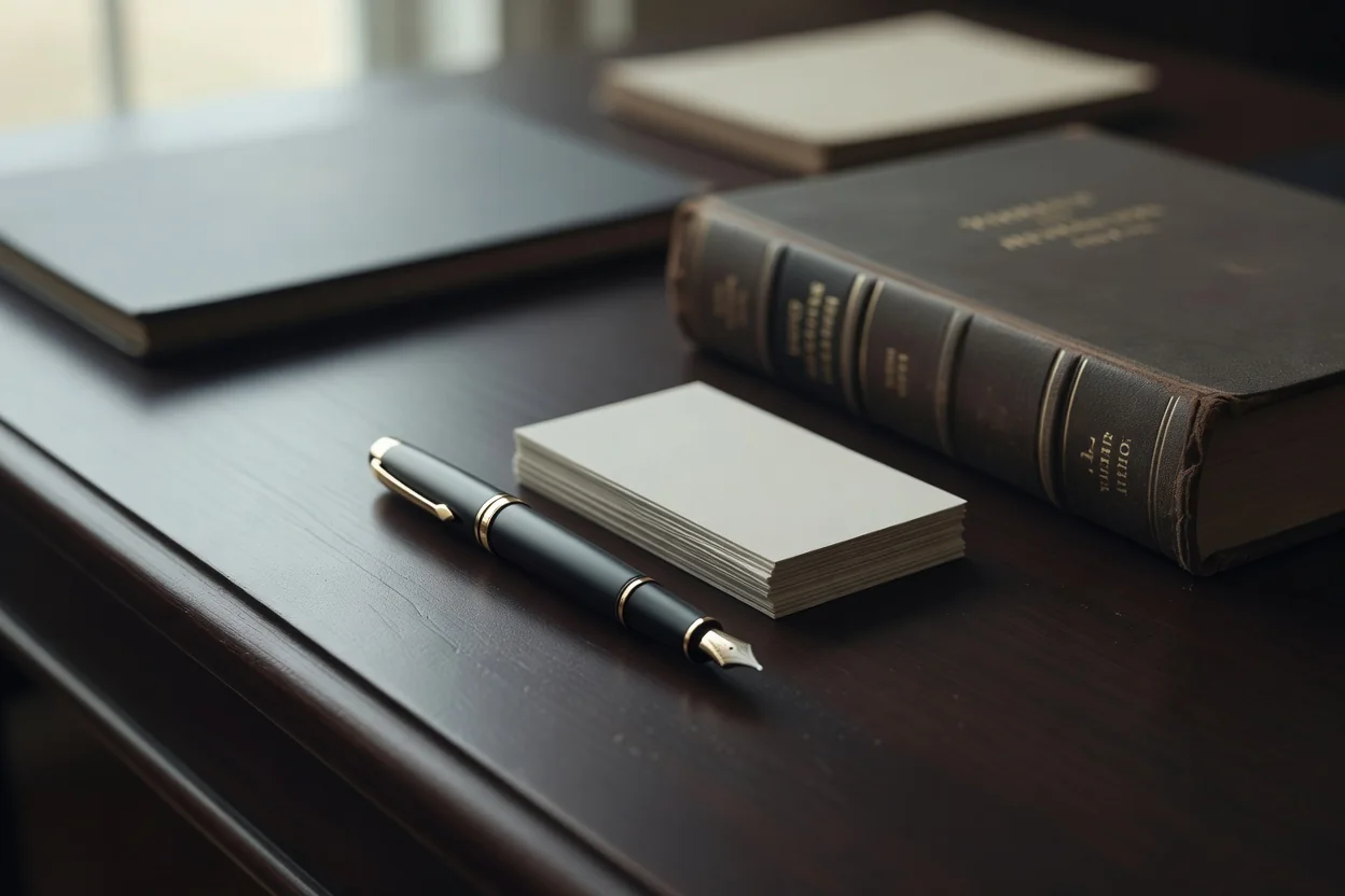 Caneta-tinteiro, cartões em branco e livro de direito arrumados sobre mesa de advogado