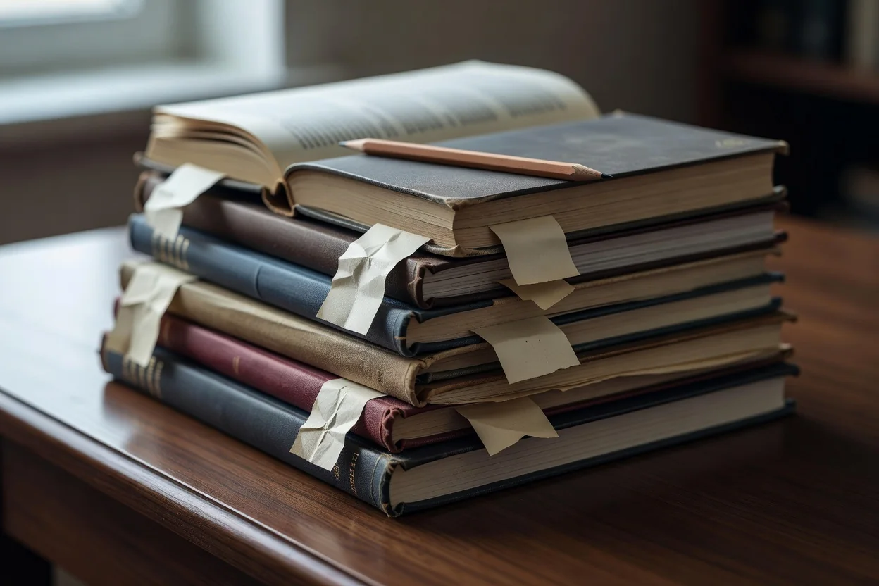 Pilha de livros de estudo de direito com marcadores de páginas e lápis sobre mesa
