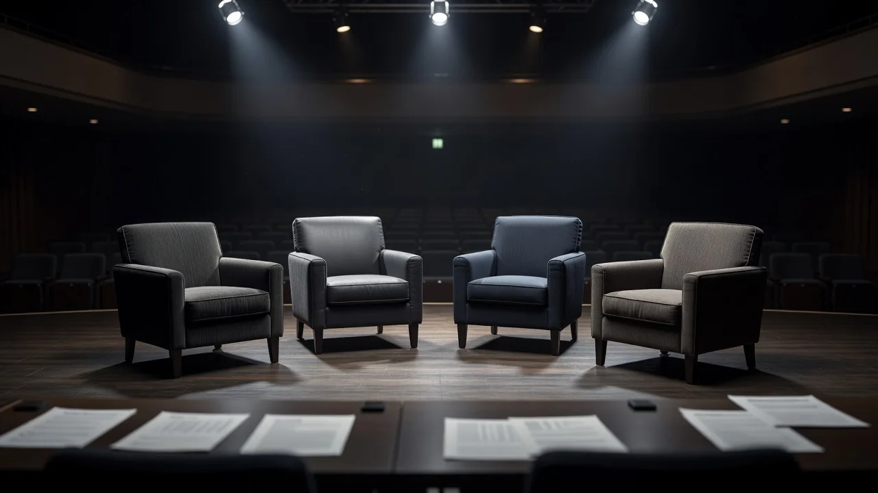 Palco de painel com quatro poltronas vazias sob holofotes em auditório escuro