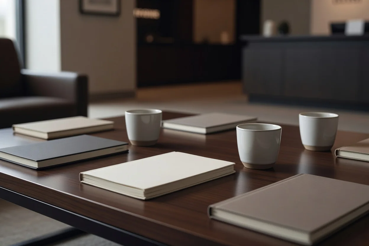 Mesa de coffee break em saguão de seminário com cadernos em branco e xícaras de cerâmica