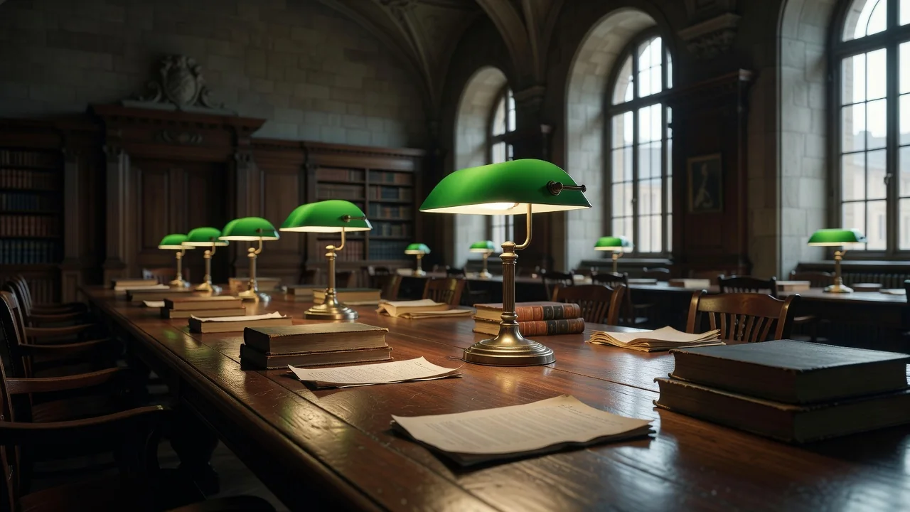 Sala de leitura com mesa longa de madeira e luminárias verdes de biblioteca