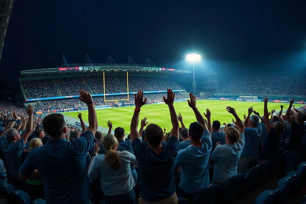 Football fans cheering in packed floodlit stadium stands at night