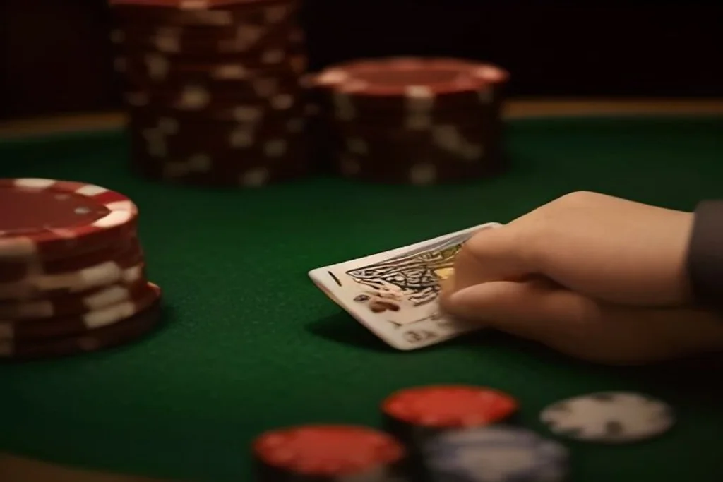 Casino table with poker chips and playing cards