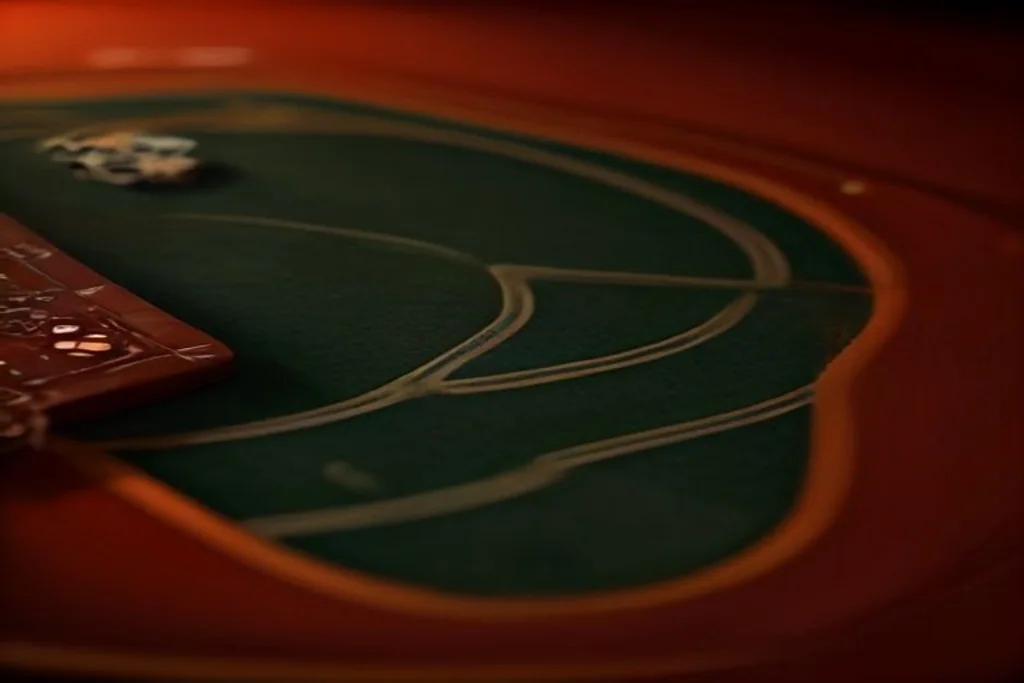 Casino table with poker chips and playing cards