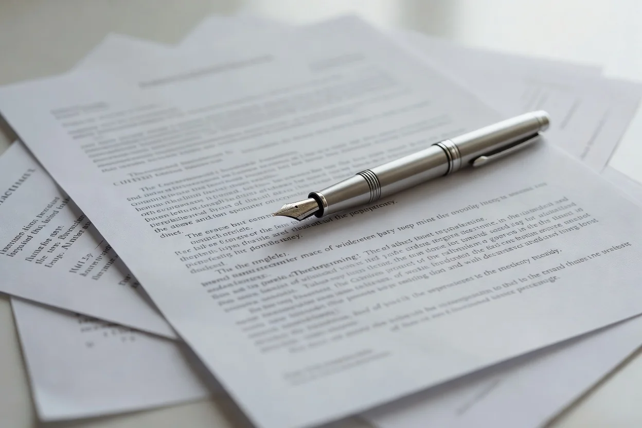 Caneta-tinteiro prateada sobre páginas de contrato com texto impresso desfocado