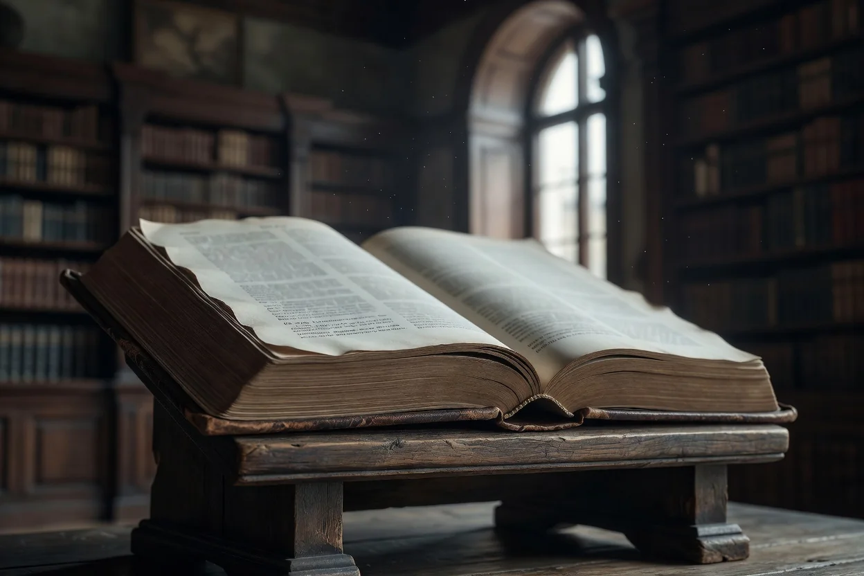 Livro de direito aberto sobre atril de madeira em biblioteca com luz suave