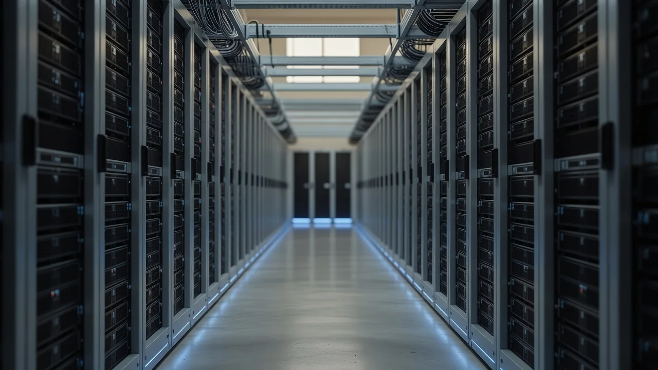 Corredor de data center com racks de servidores e luz azul suave