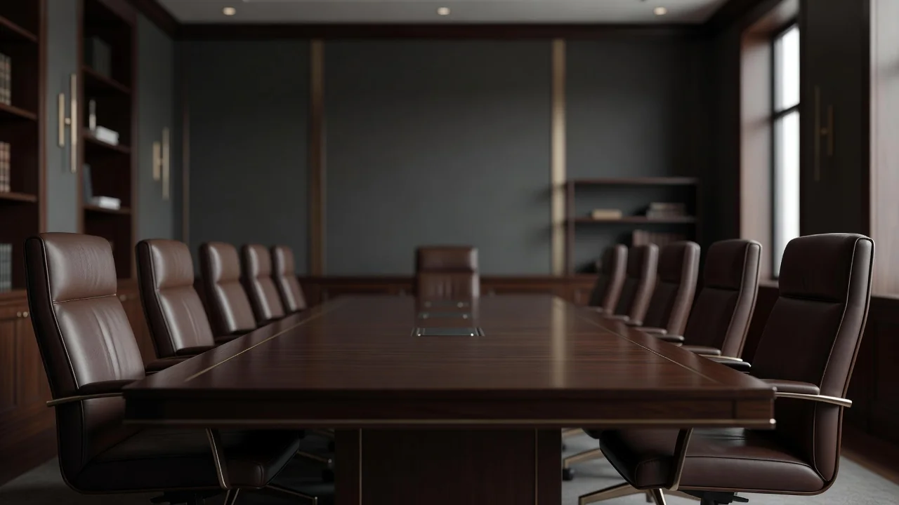 Sala de reunião elegante de escritório de advocacia com mesa longa de madeira e cadeiras de couro