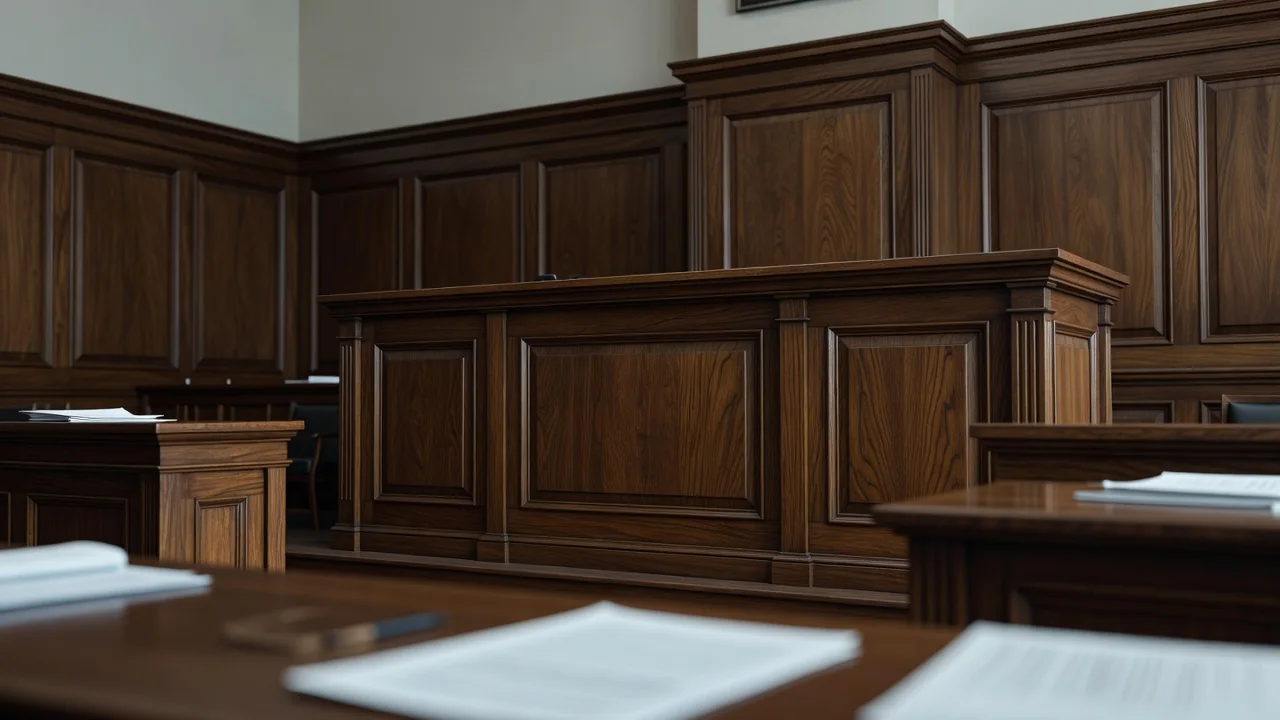 Interior de sala de sessões vazia com painéis de madeira e tribuna elevada de julgadores