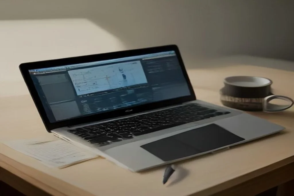 Editorial desk with notebook, pen and laptop showing abstract charts