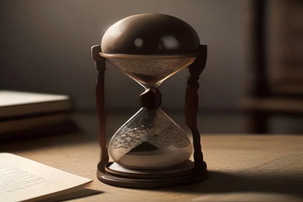 Hourglass beside stacked chips and ledger book