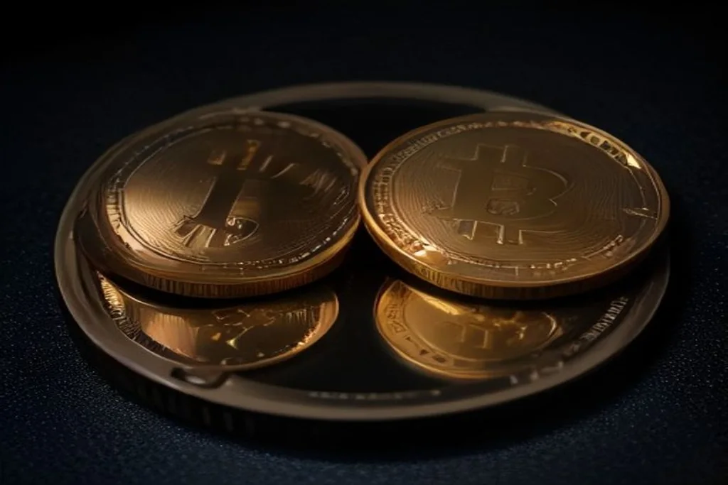 Cryptocurrency coins and hardware wallet on dark surface