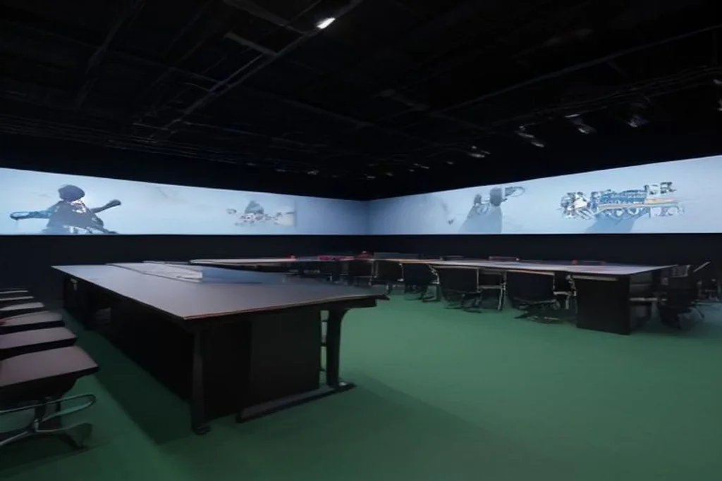 Gaming arena stage with monitors and team desks