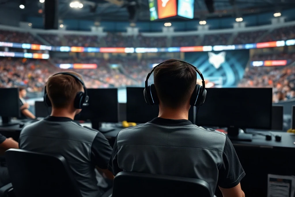 Esports players with headsets at gaming stations seen from behind