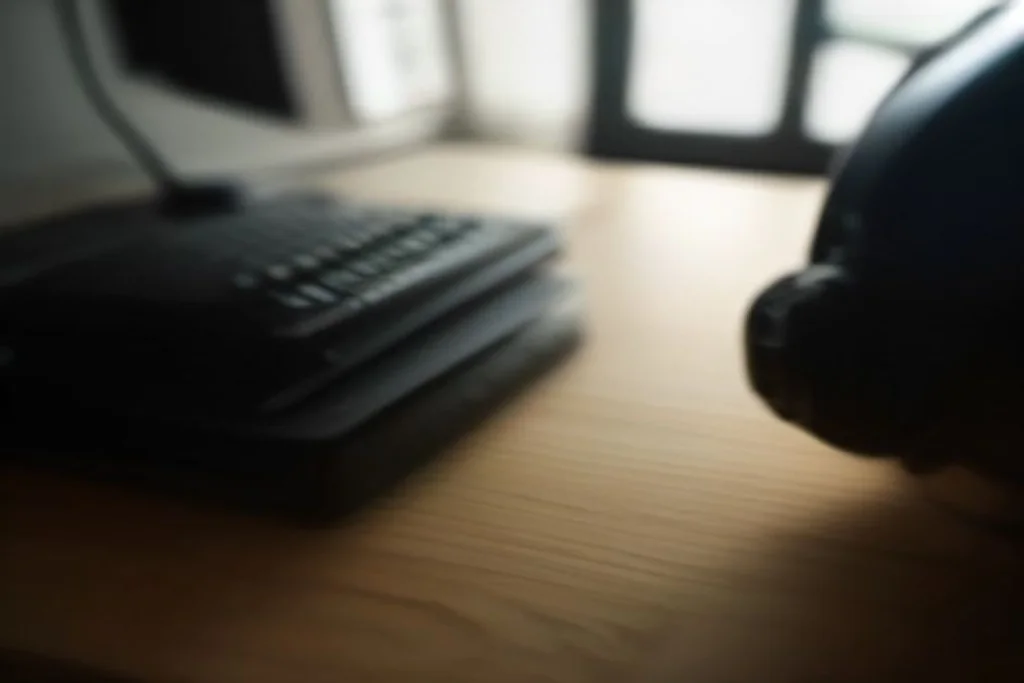 Keyboard and mouse beside headset on team desk
