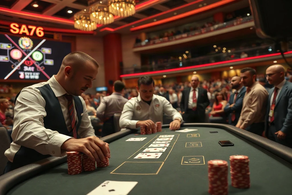Casino croupier dealing face-down cards at a blackjack table with chip stacks