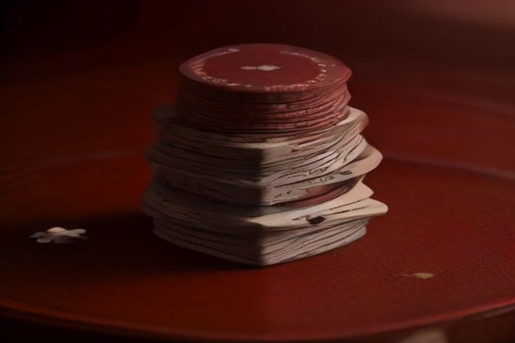 Stacked tier medals and playing cards on dark table