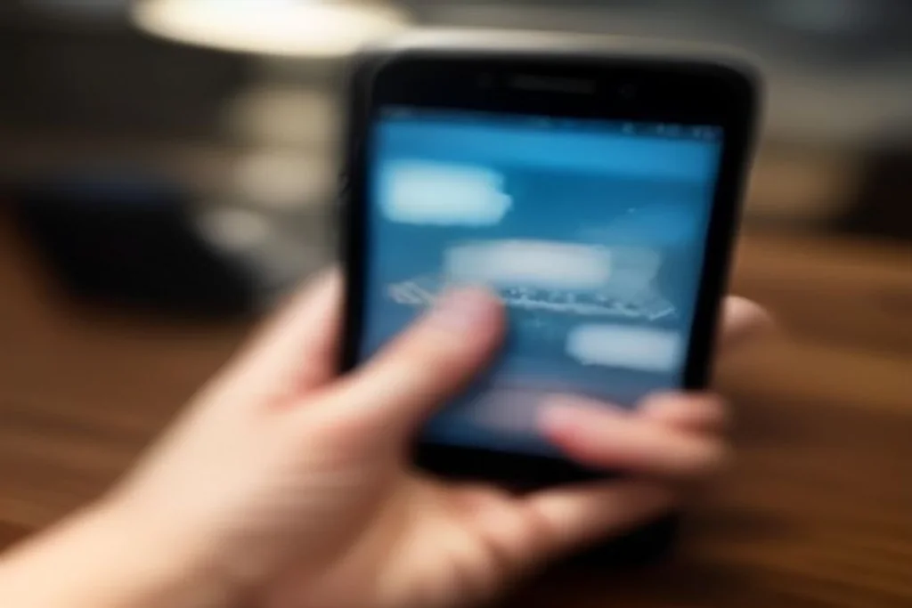 Hand holding smartphone with slot game over blurred desk