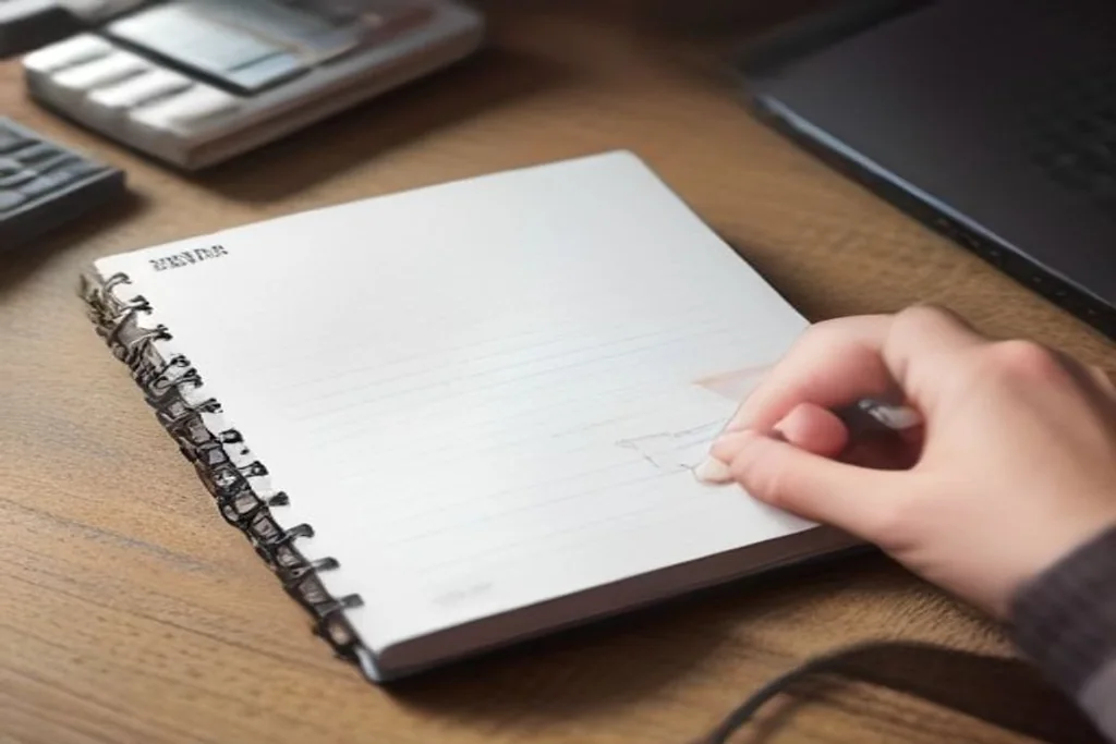 Notebook with pen and calculator on a desk