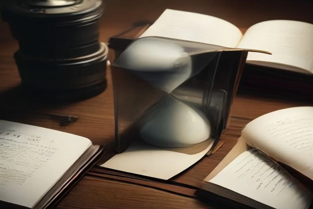 Hourglass and notebook with handwritten budget on desk