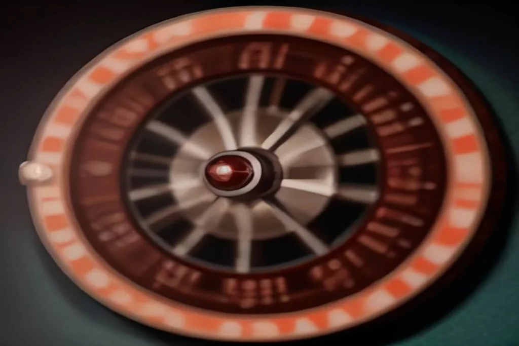 European roulette wheel with white ball and chips