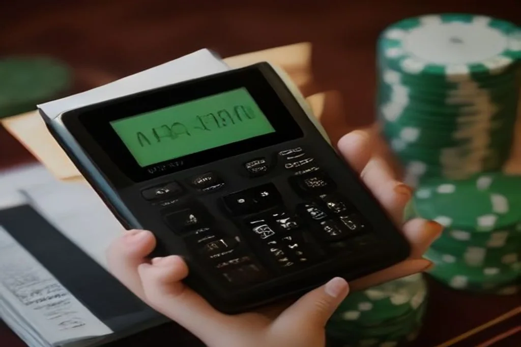 Calculator and chart printout beside casino chips