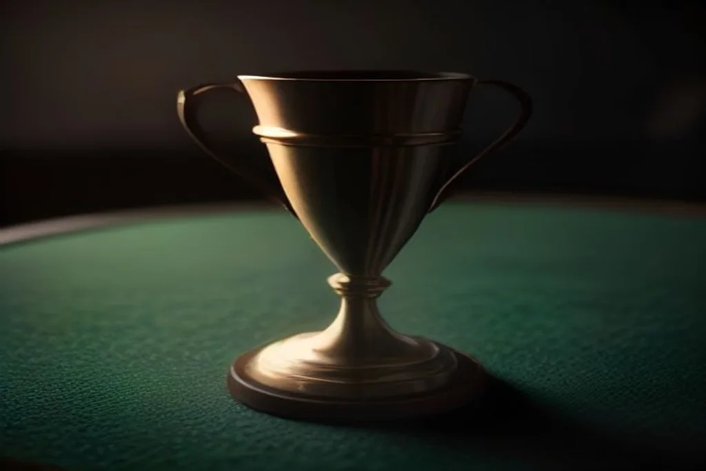 Trophy cup beside poker chips on dark felt