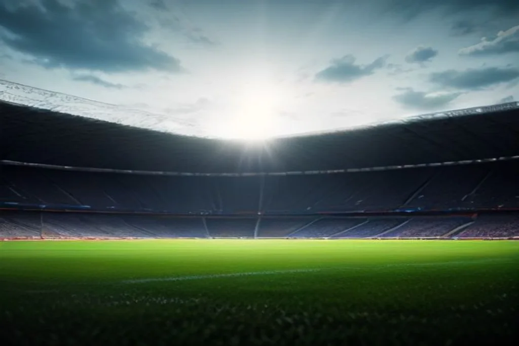 Football on pitch with stadium floodlights