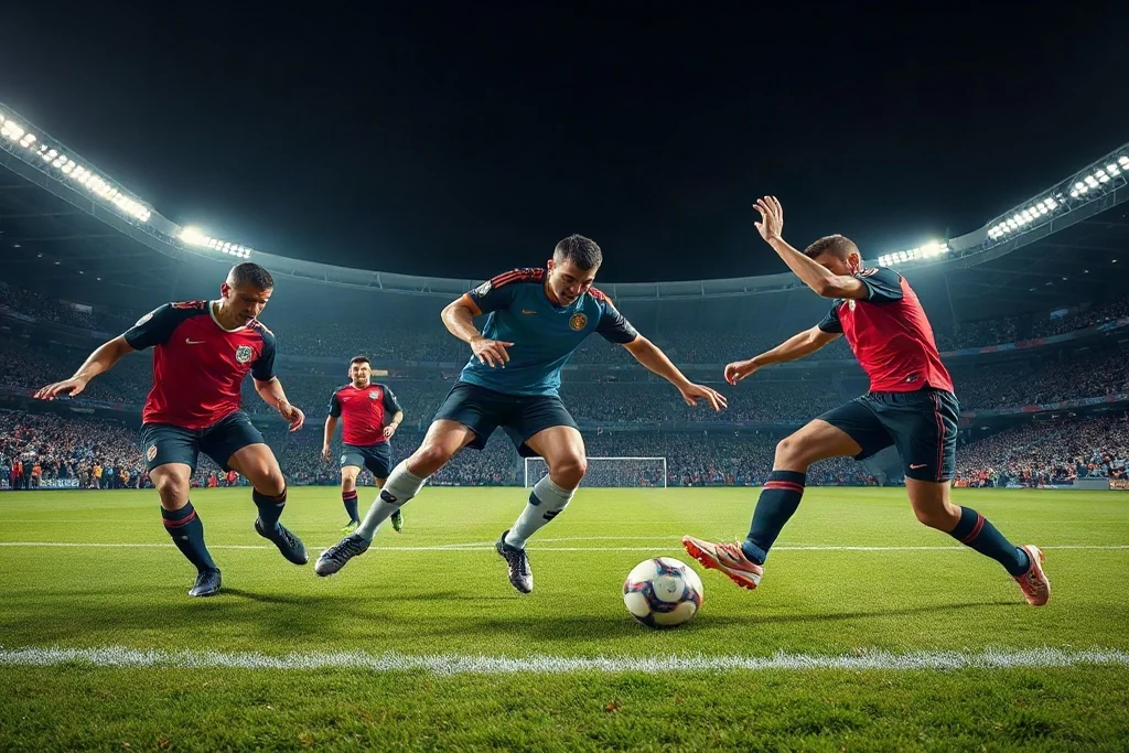 Footballers battling for the ball on a floodlit pitch