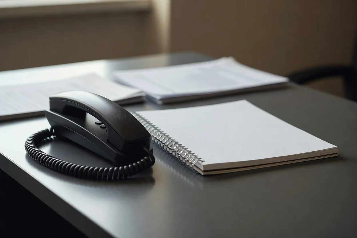 Fone de ouvido com microfone apoiado em mesa de escritório ao lado de caderno em branco