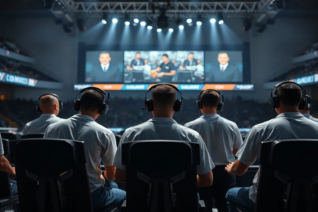 Esports team seen from behind on an arena stage with spotlights