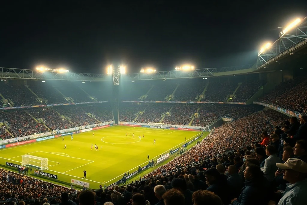 Wide view of a night football match in a packed floodlit stadium